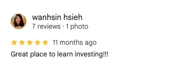 5-star Google review by wanhsin hsieh: Great place to learn investing.